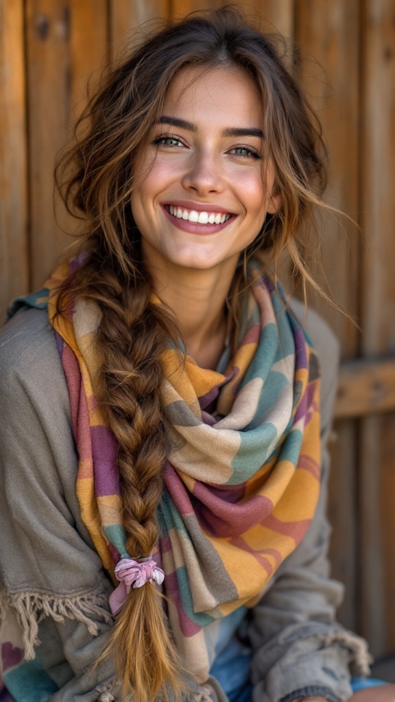A woman with a messy side braid wearing a colorful scarf, smiling warmly.