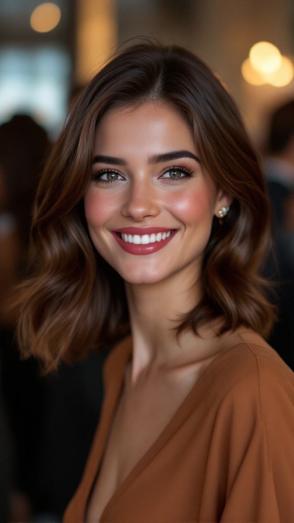 A person with mid-length hair styled sleekly, smiling confidently.