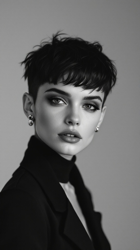 A close-up of a model with a sleek pixie cut, emphasizing sharp features and a confident expression.