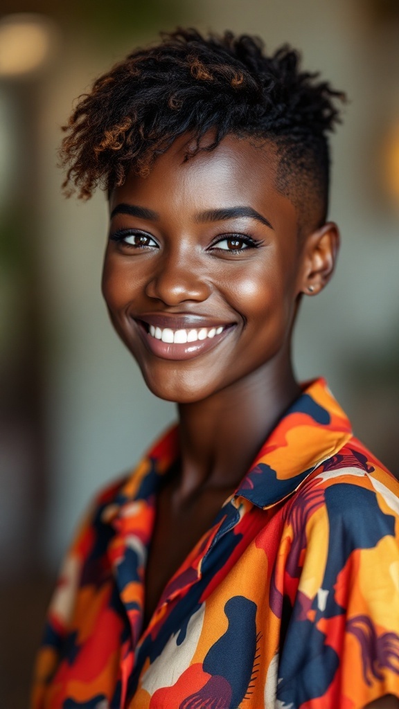 A person with a natural coily tapered haircut, smiling and wearing a colorful patterned shirt.