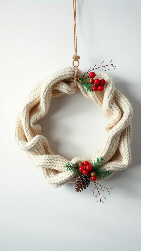 A wreath made from an old cream sweater, adorned with pine needles, berries, and a pinecone.
