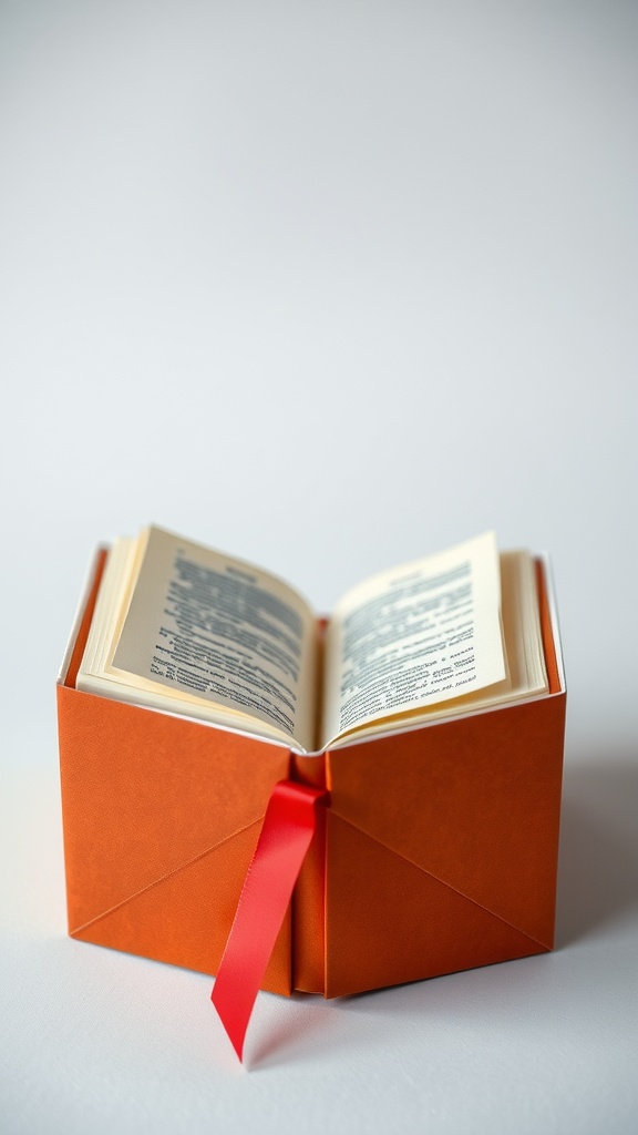 An open origami book box with a red ribbon, showcasing the pages inside.