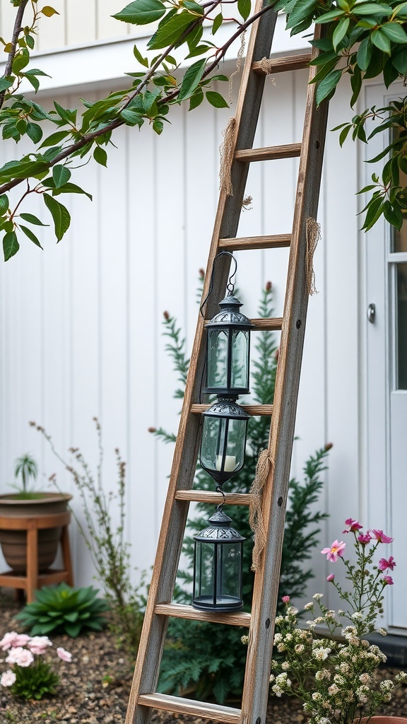 A wooden ladder with lanterns hanging from it surrounded by flowers and greenery.