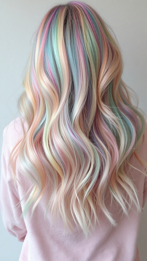 A woman with pastel balayage hair in pink, blue, and green colors.