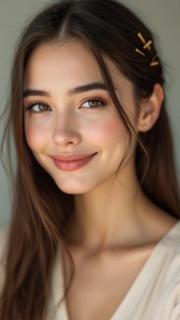A young woman smiling with hair pinned back using bobby pins.