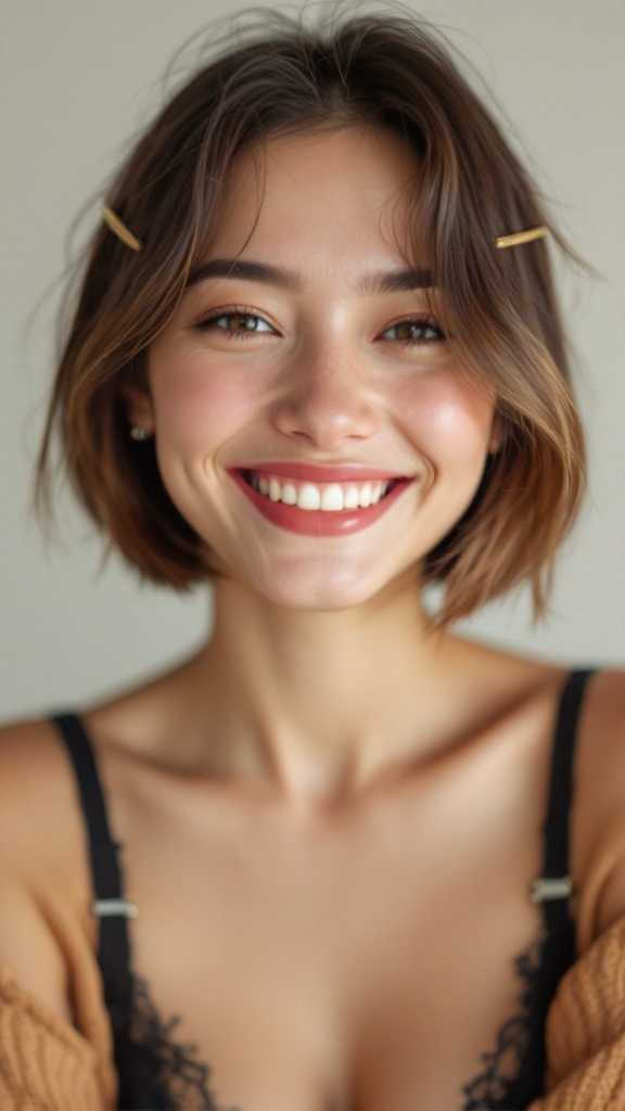 A smiling young woman with short hair styled with bobby pins.