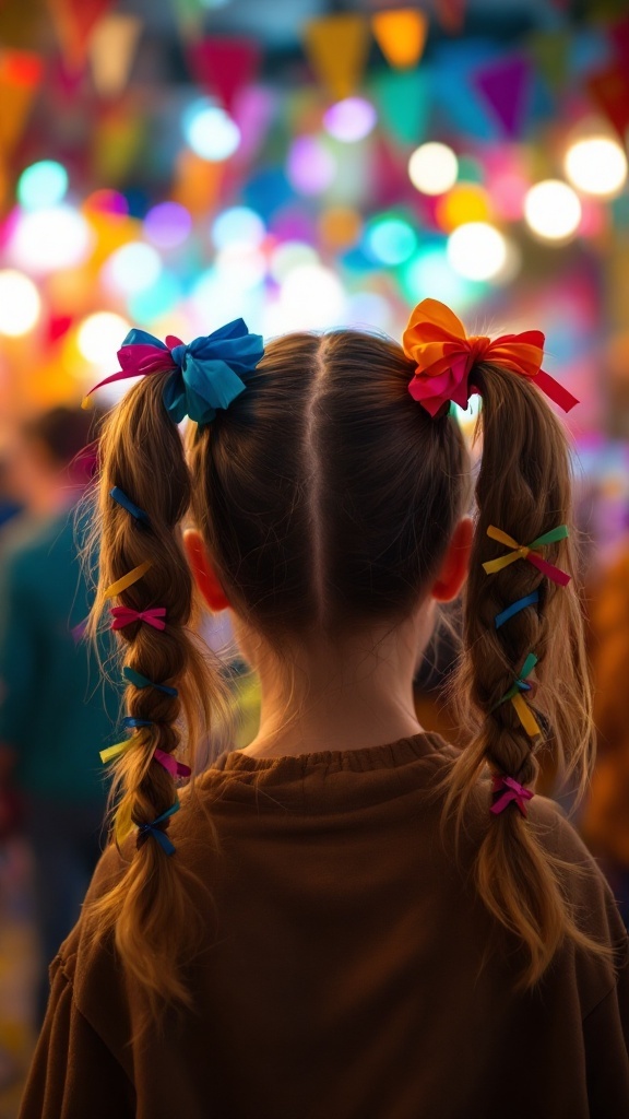 A child with playful pigtails decorated with colorful ribbons