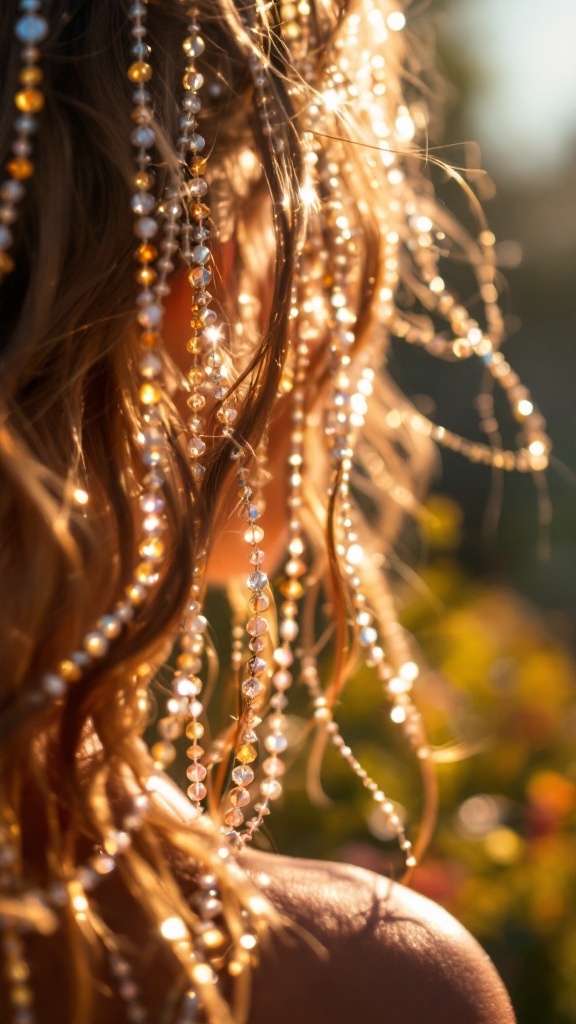 Close-up of beaded hair chains sparkling in sunlight.