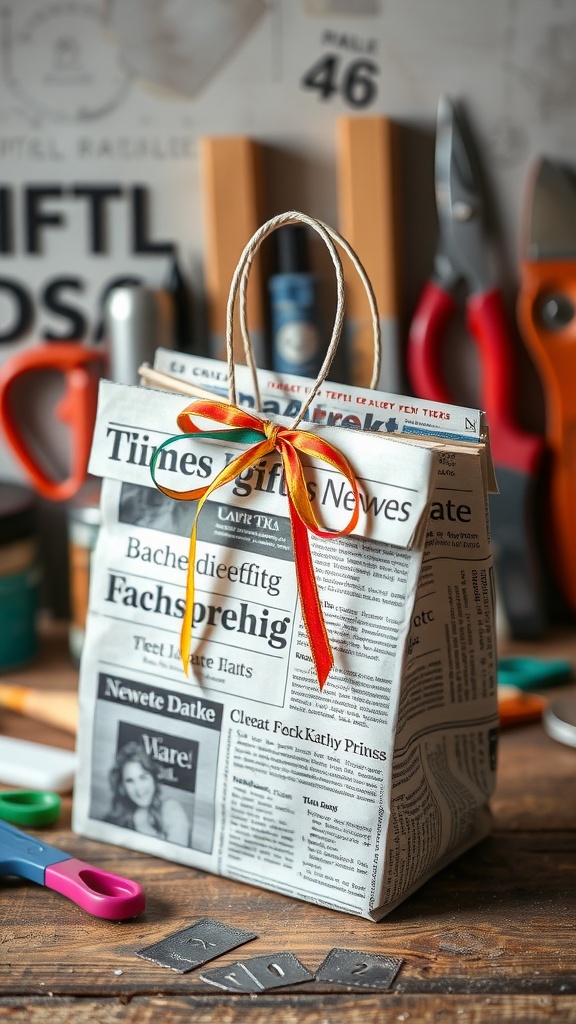 A handmade gift bag made from recycled newspaper, featuring a colorful ribbon and scissors in the background.