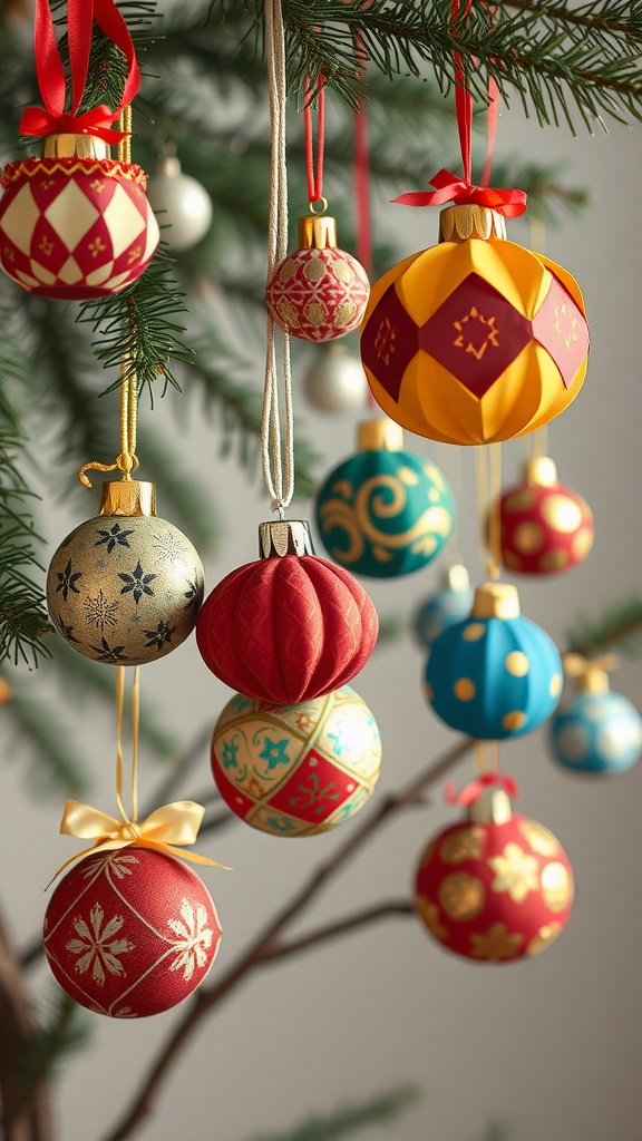 Colorful paper mache ornaments hanging on a Christmas tree.