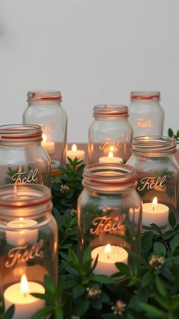 Repurposed glass jar lanterns with candles inside, surrounded by green foliage.