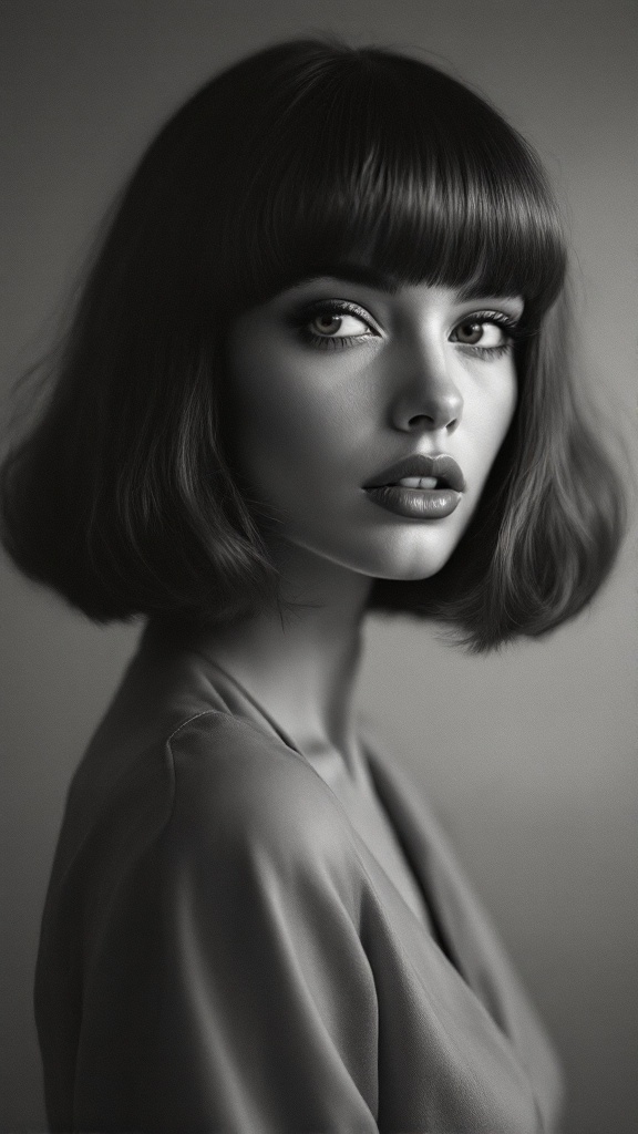 A woman with shoulder-length hair and retro blunt bangs, showcasing a chic and classic hairstyle.