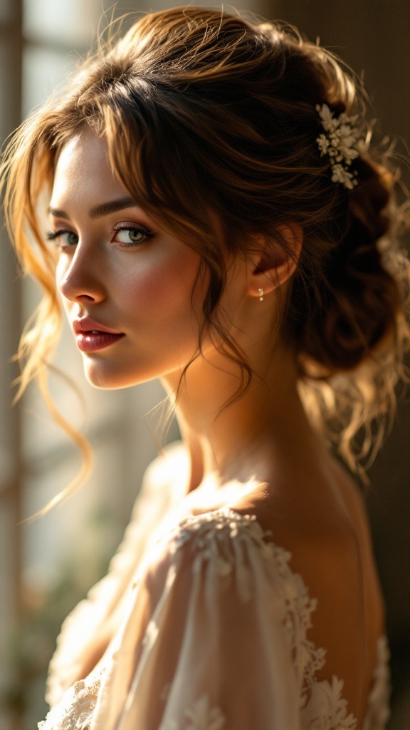 A romantic updo featuring loose waves framing the face, complimented by a floral hair accessory.