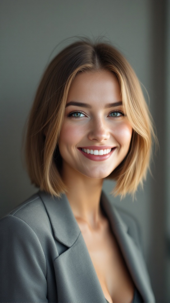 A smiling person with a short bob haircut, styled with a middle part, wearing a blazer.