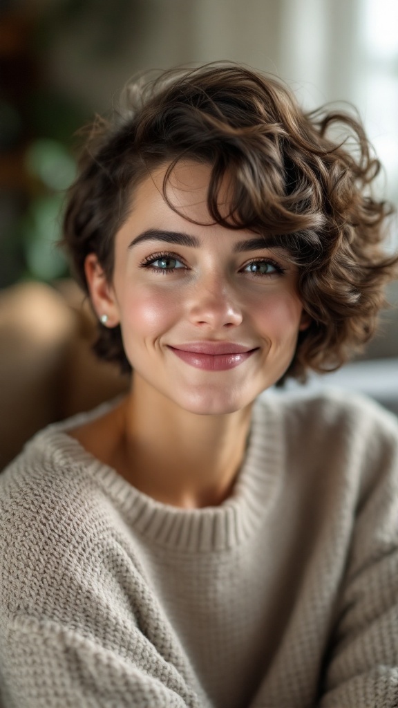 A person with short, curly hair styled with side-swept bangs.