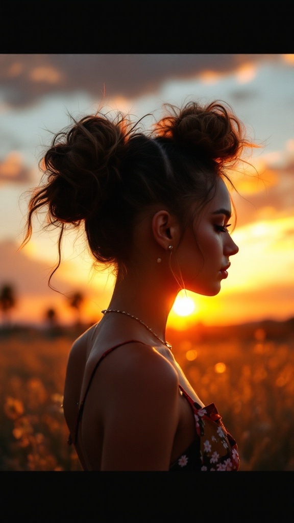 A woman with side-swept space buns and a sunset background, showcasing a trendy hairstyle.