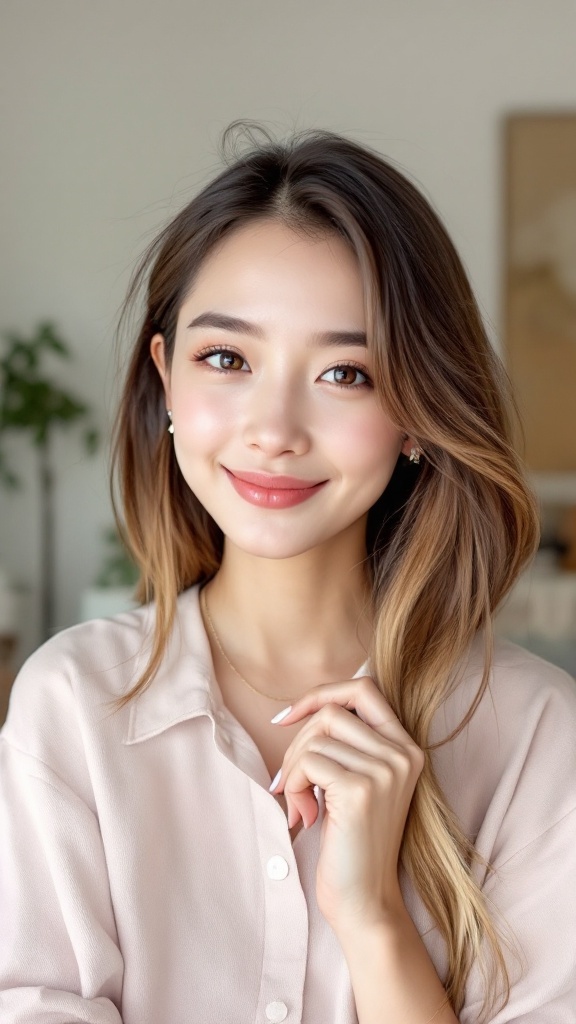 A woman with straight hair styled in a side part, wearing a barrette.