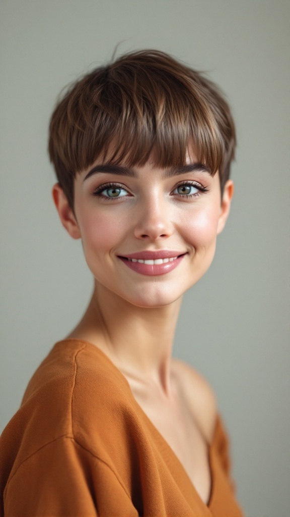 A woman with a sleek straight pixie cut, smiling softly.