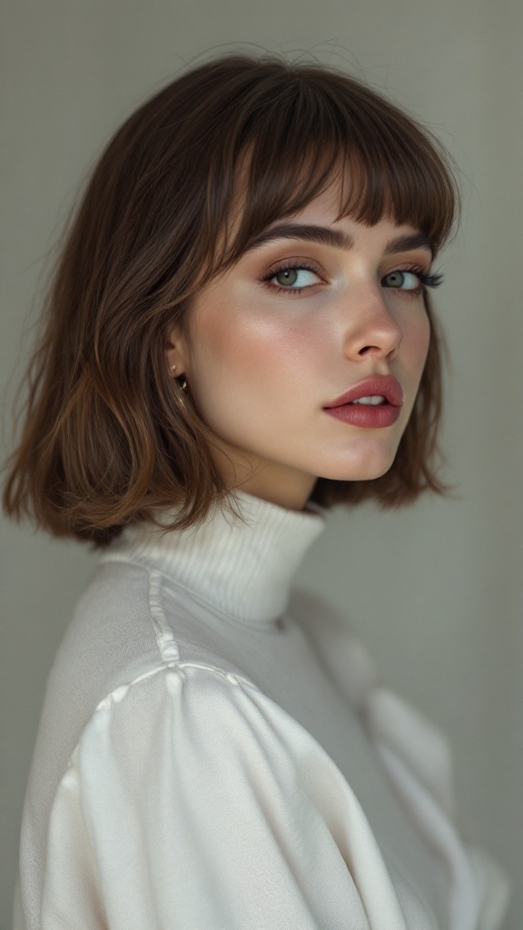 A woman with shoulder-length hair and soft blunt bangs.