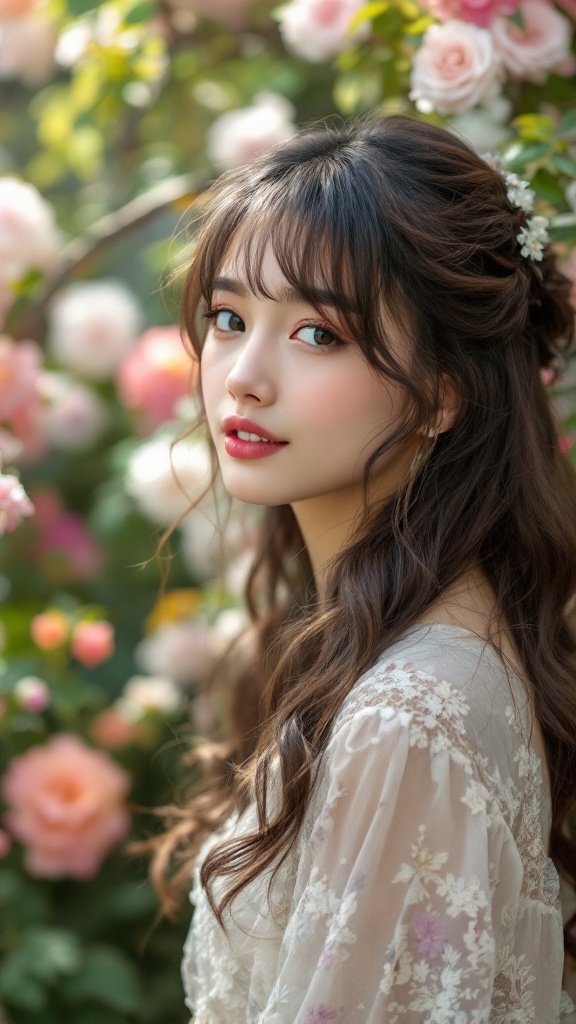 A woman with soft curled curtain bangs standing in a garden filled with roses.