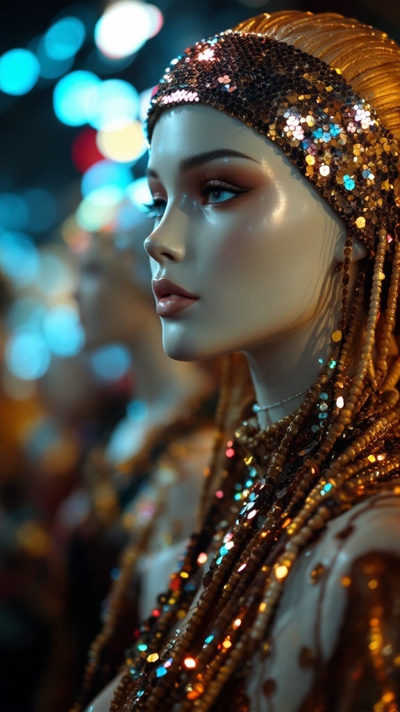 A mannequin wearing a sparkling sequin headband with colorful sequins and beads.