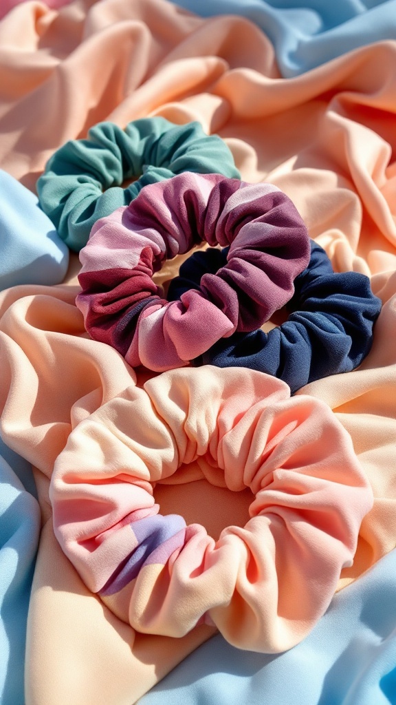 Three colorful scrunchies on a pastel fabric background.