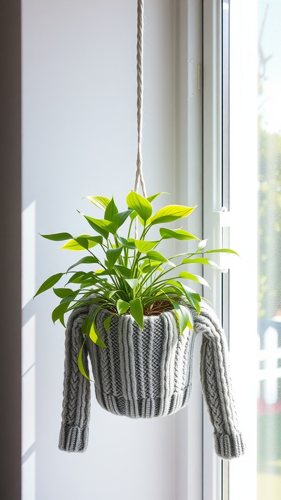 Hanging plant in a sweater pot holder