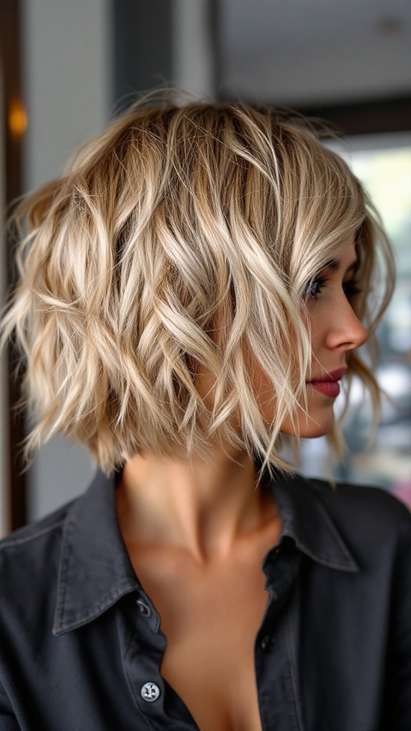 Textured bob hairstyle with volume featuring tousled waves.
