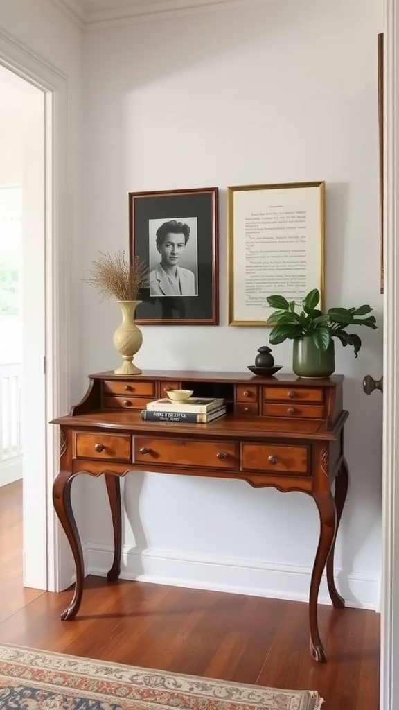 A vintage wooden desk transformed into a console table with decorative items on top.