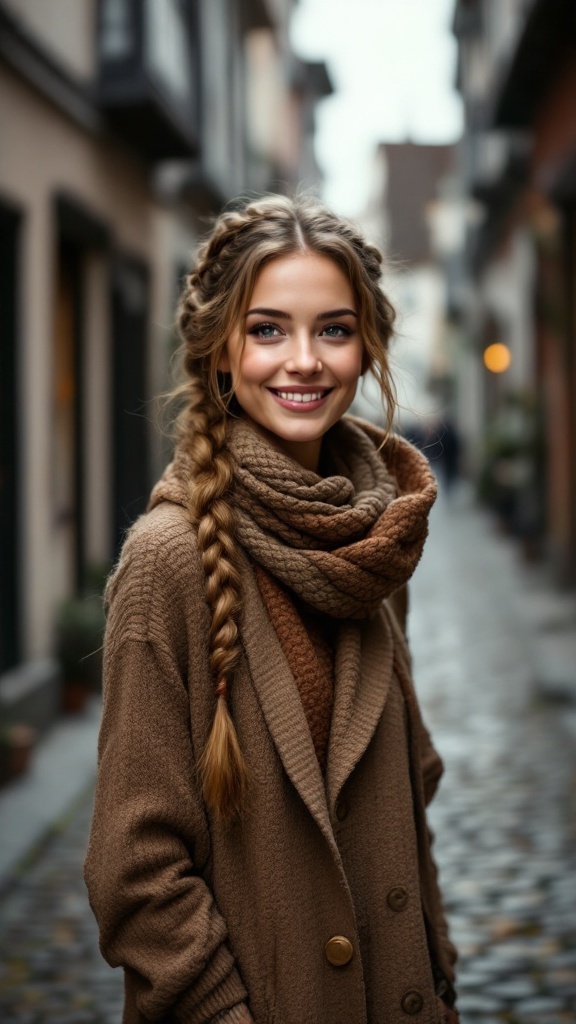 A woman with a twisted rope braid hairstyle, smiling in a cozy outfit.