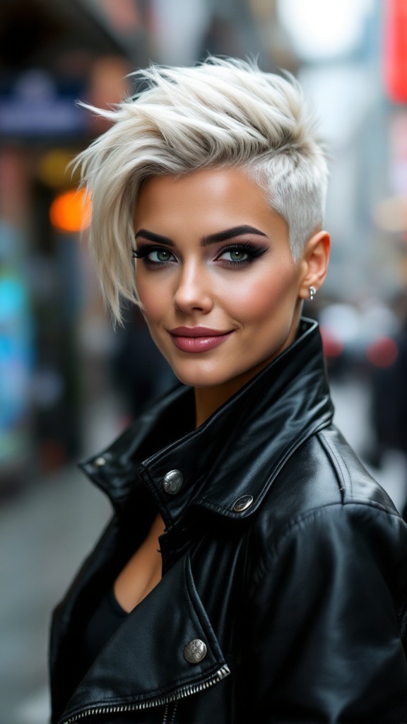 A stylish blonde woman with an undercut pixie hairstyle, wearing a black leather jacket.