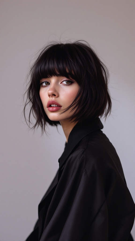 A person with shoulder-length hair styled in uneven curtain bangs.