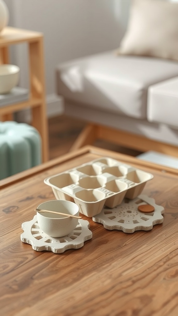 Unique egg carton coasters on a wooden table with a bowl and egg carton.
