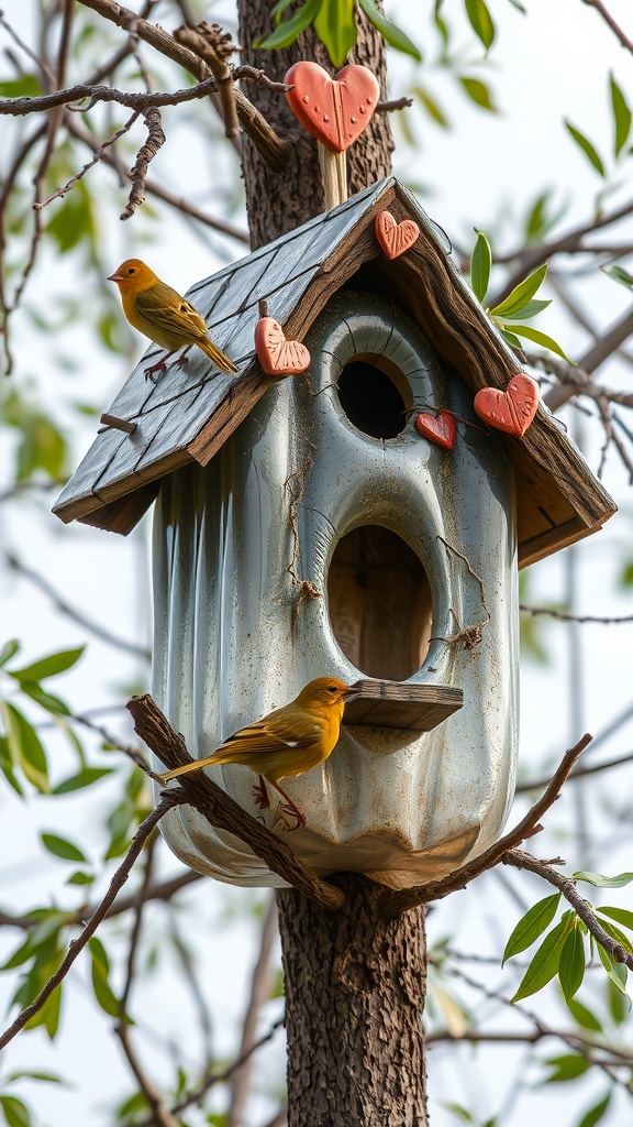 A charming birdhouse made from a plastic bottle, placed on a tree with birds nearby.