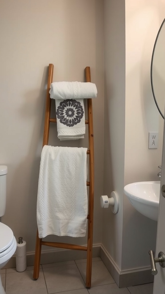 A wooden ladder used for towel storage in a bathroom, with towels hanging neatly.