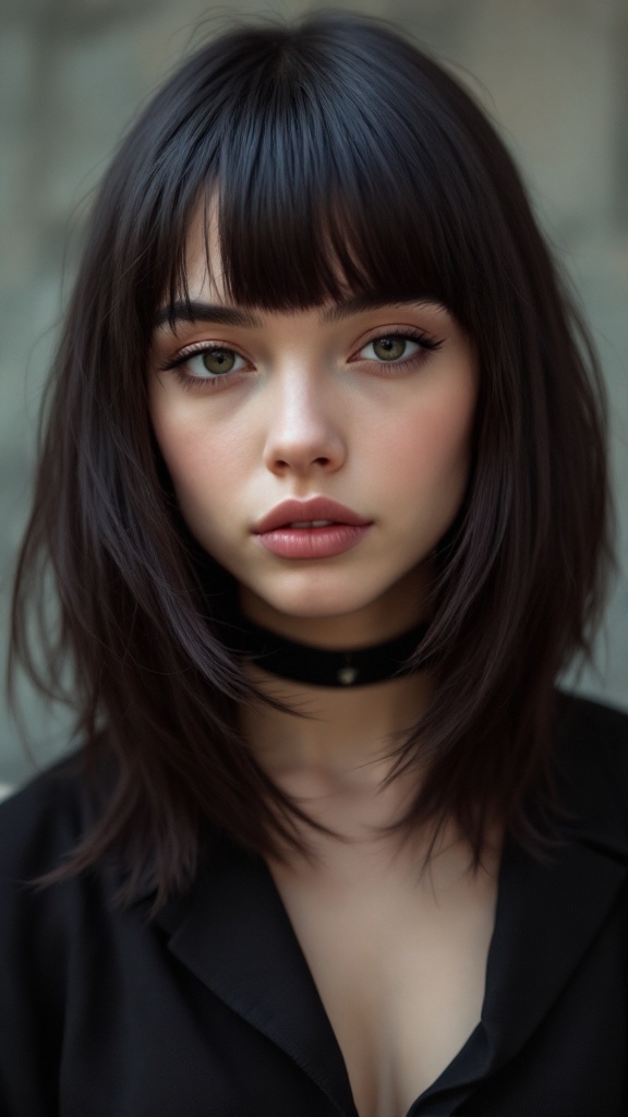 A woman with shoulder-length hair styled in V-shaped bangs, showcasing a modern and chic look.