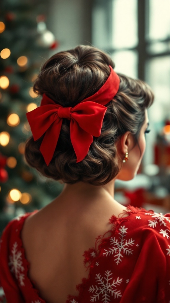 A woman with vintage pin-up curls adorned with a red ribbon in a festive setting.