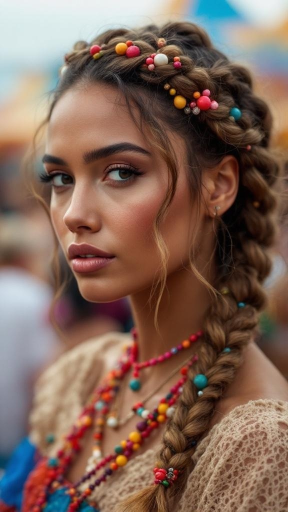 A woman with bubble braids adorned with colorful beads, showcasing a vibrant hairstyle.