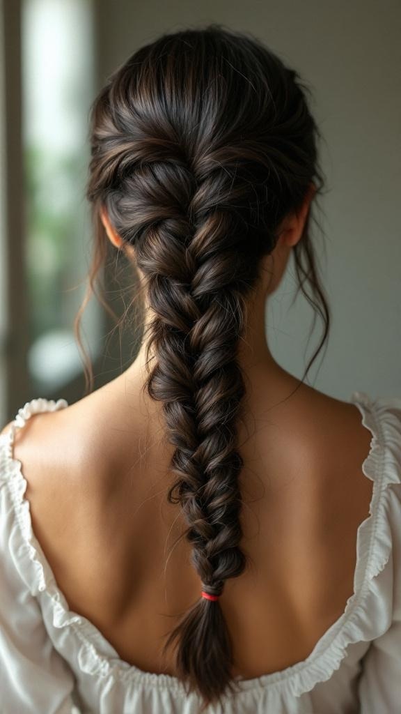 A classic fishtail braid hairstyle viewed from the back.