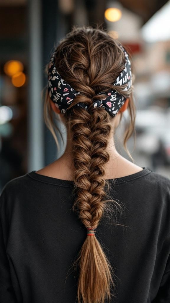 A fishtail braid with a black and pink patterned headband worn by a person from the back.