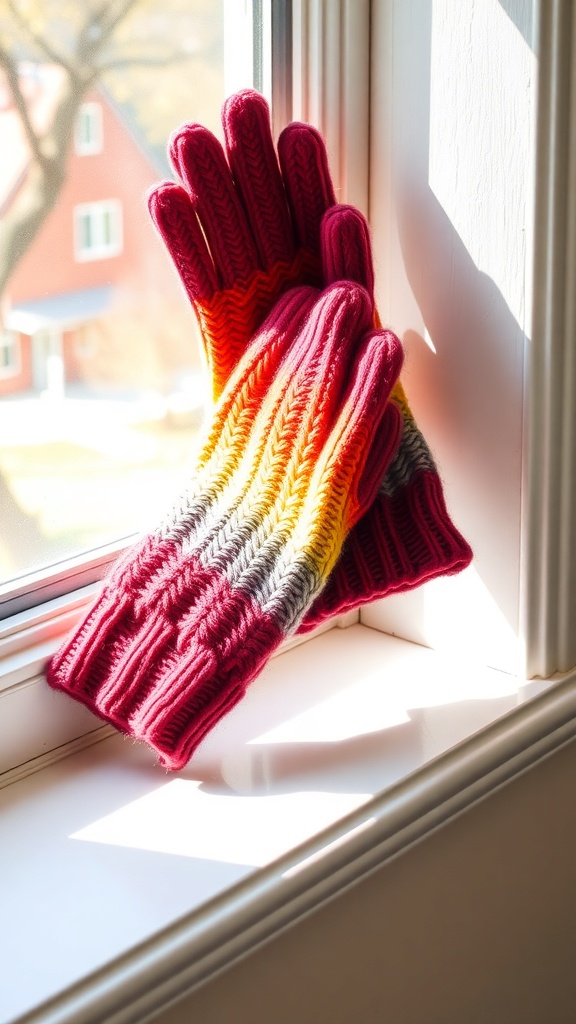 A pair of colorful ombre knit gloves resting on a windowsill, showcasing a gradient of pink, orange, and yellow hues.