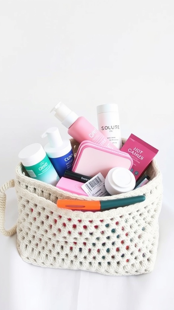 A crochet travel organizer bag filled with skincare products and a pen.