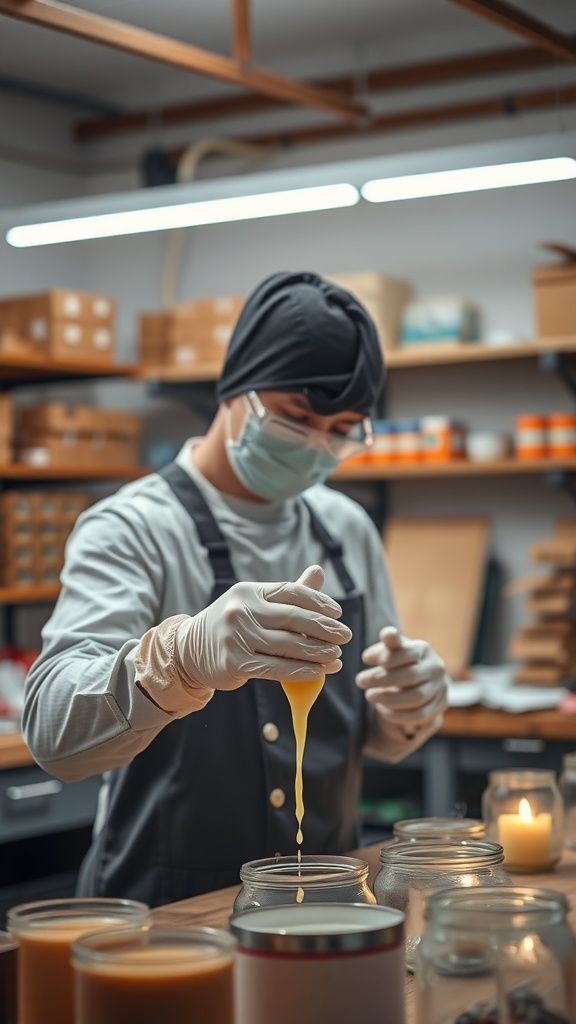 A person wearing gloves and a mask while making candles in a workshop.