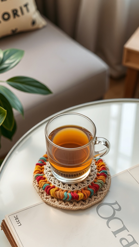 A cozy setting with a glass of tea on a colorful fabric coaster, surrounded by a plant and a magazine.