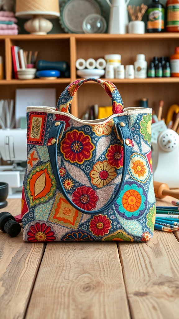 A colorful tote bag with floral patterns, placed on a wooden table with sewing supplies in the background.