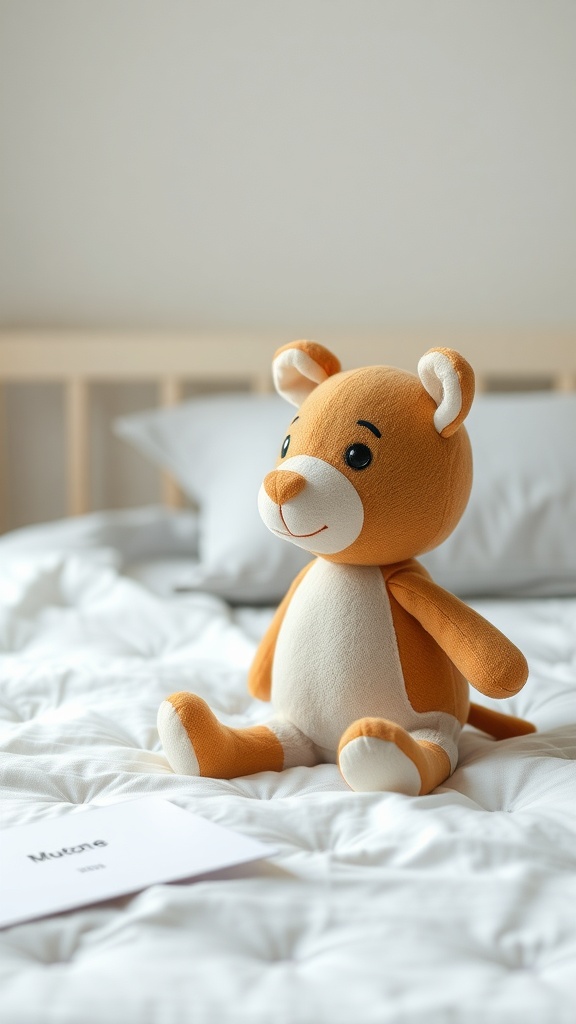 A cute orange stuffed animal sitting on a bed with a white background.
