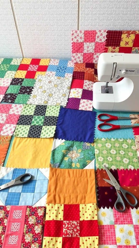 A colorful array of quilt squares with a sewing machine and scissors