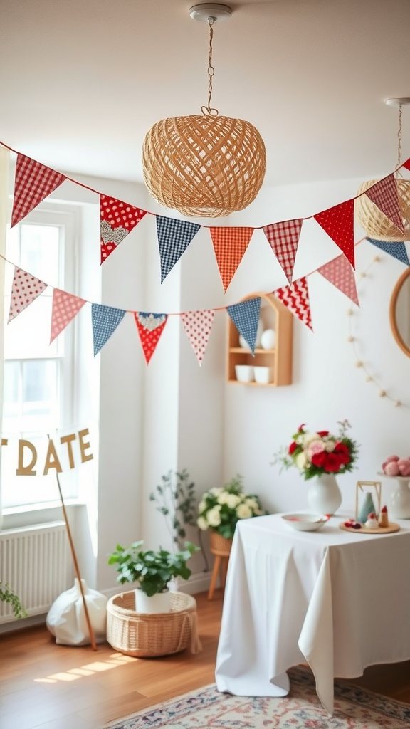 Colorful fabric bunting hanging in a bright room with decorative elements.
