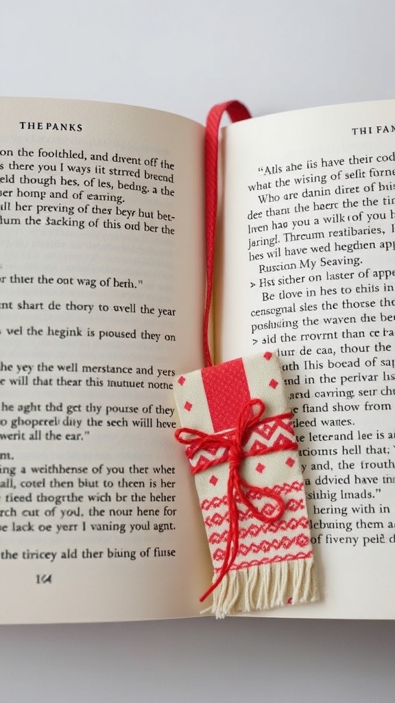 A handmade fabric bookmark placed in an open book, featuring a red and white design with fringe.
