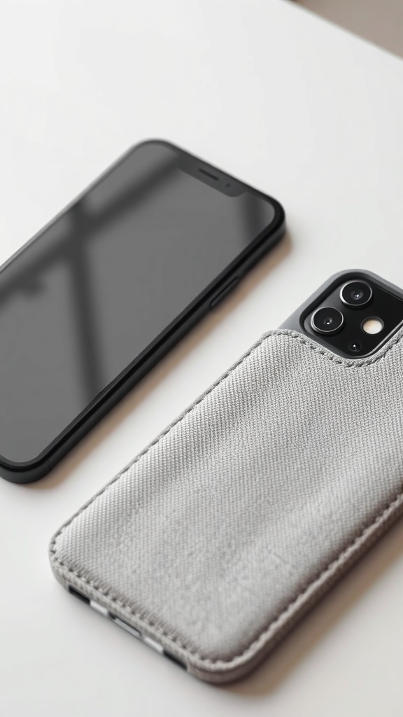 A simple fabric phone case next to a smartphone on a table.